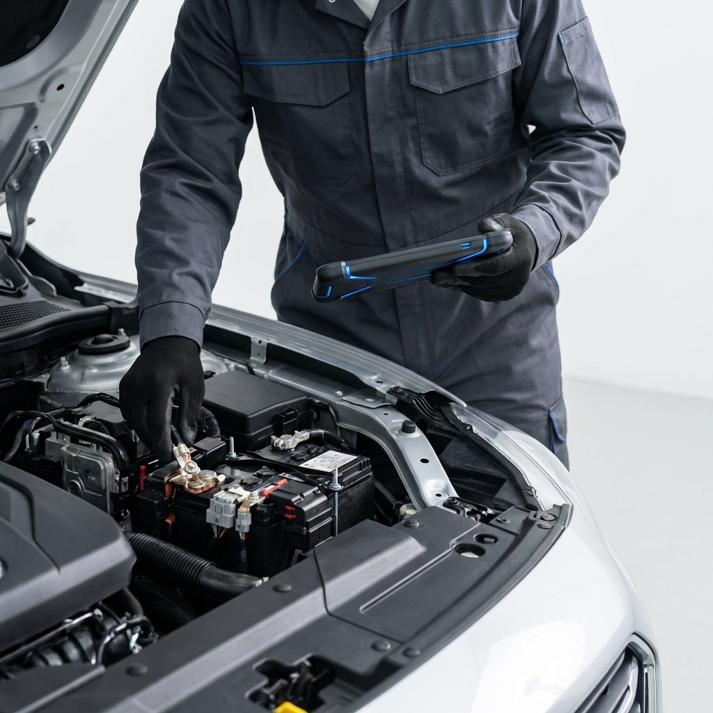 Close up of a mechanic inspecting the battery and electrical connectors under the hood of a modern SUV used toyota highlander for sale clean white background CarFax Deals blue accents