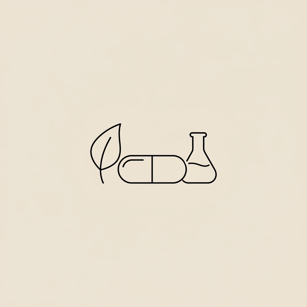 Minimal Tonum-style line illustration of a capsule, leaf, and lab flask on beige background representing medical grade weight loss pills.