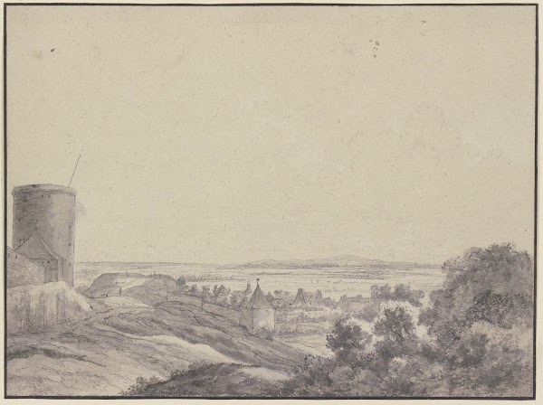 Landschaft links ein Turm einige Mauern und Häuser rechts Gebüsch Fernsicht