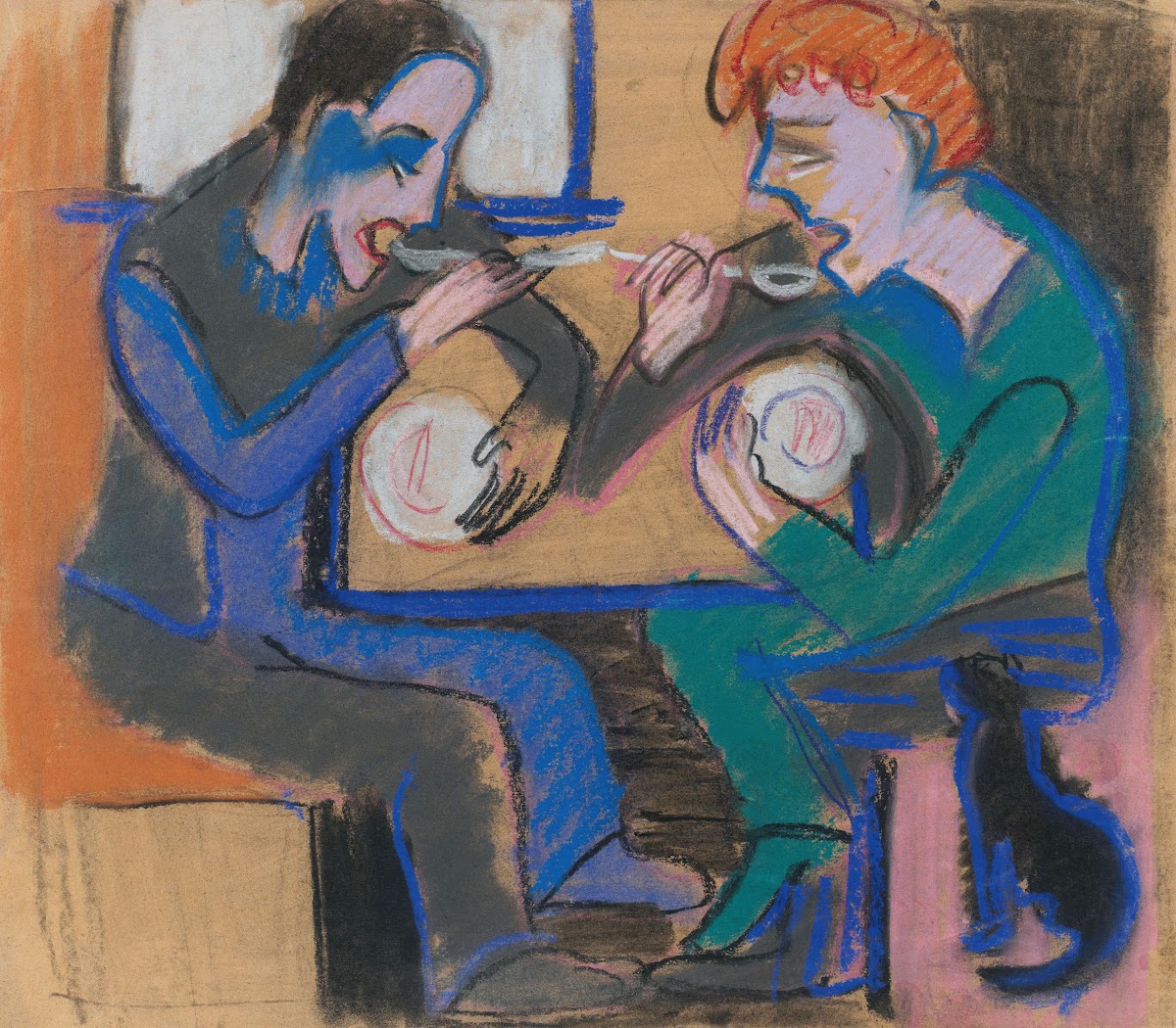 Zwei Essende und Katze Mann und Frau essend 1928