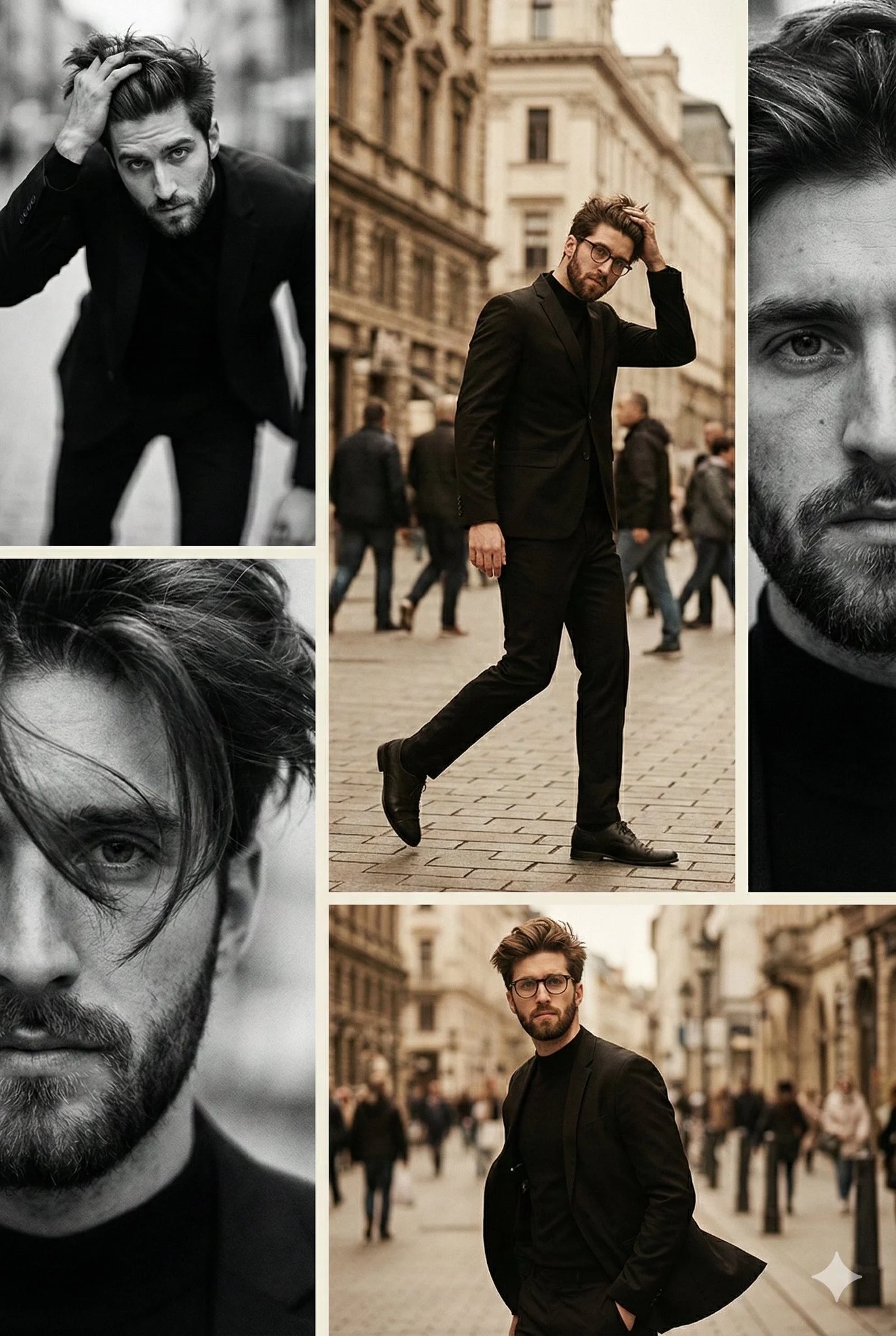 Editorial de moda vintage con un toque melancólico, presentado como un collage vertical de fotografías en blanco y negro y en colores cálidos desaturados.