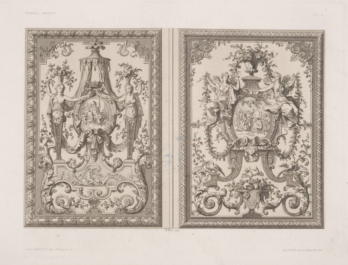 Two designs one with roundel of enthroned Athena one with bible scene 1875 1890