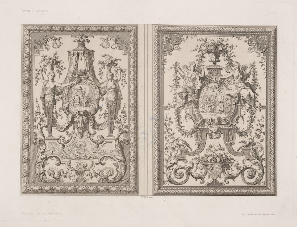 Two designs one with roundel of enthroned Athena one with bible scene 1875 1890