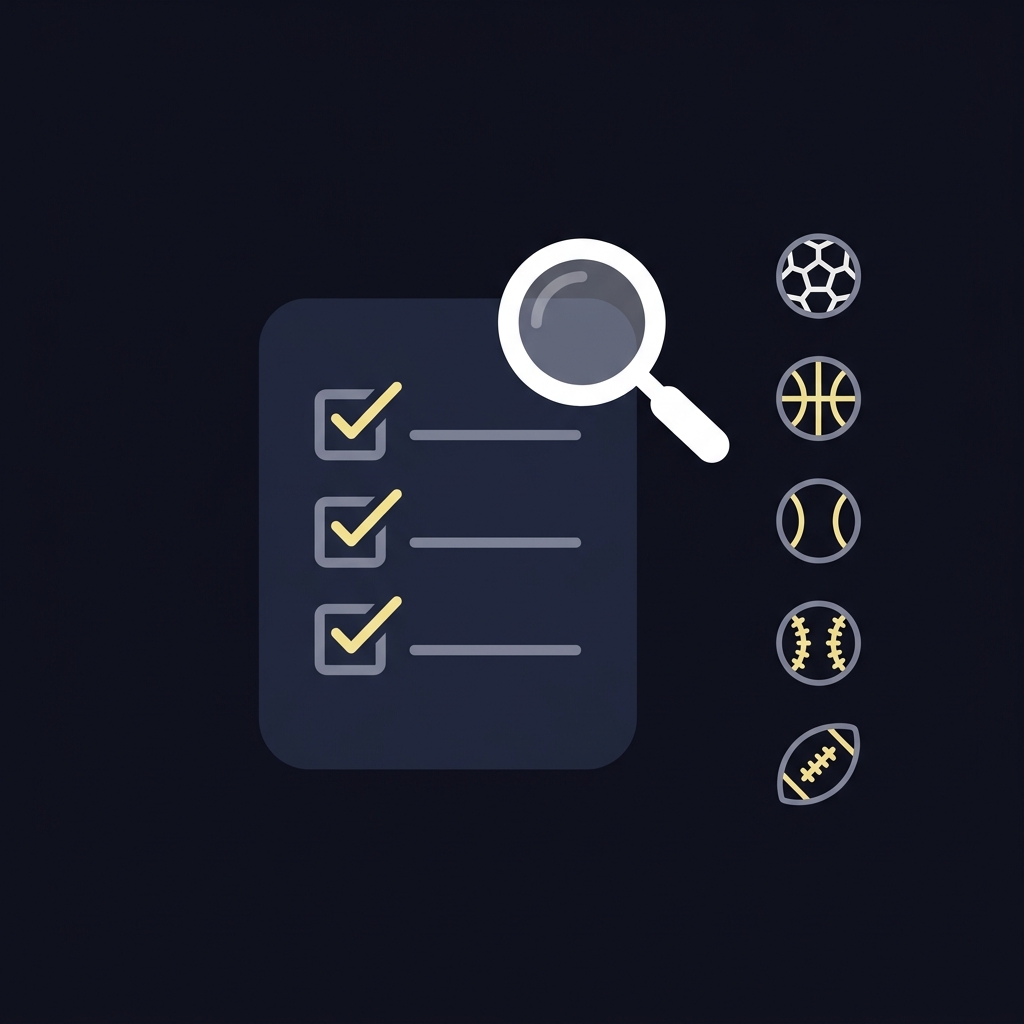 Minimalist 2D vector checklist with magnifying glass and small sports icons illustrating Why Historical Profit Does Not Guarantee Future Results in Funded Plays branded dark color scheme