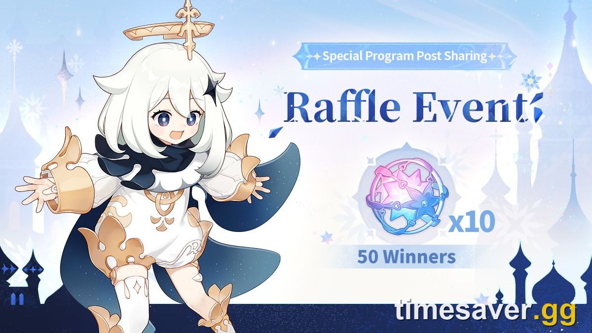 Official HoYoLAB Special Program Post Sharing raffle banner offering Intertwined Fate x10 to 50 winners, with Paimon beside the reward icon