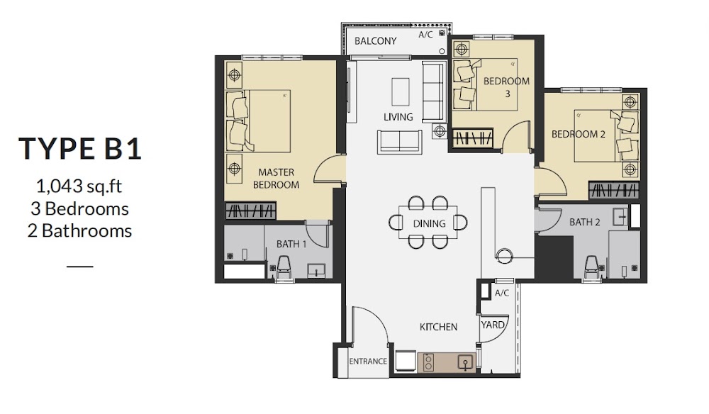 Aster Hill Sri Petaling Type B1 floor plan — 1011 sq ft, 3 bedrooms