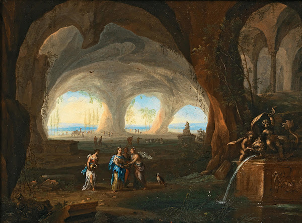 Grotto Interior With Women In Antique Dress At A Fountain 1676