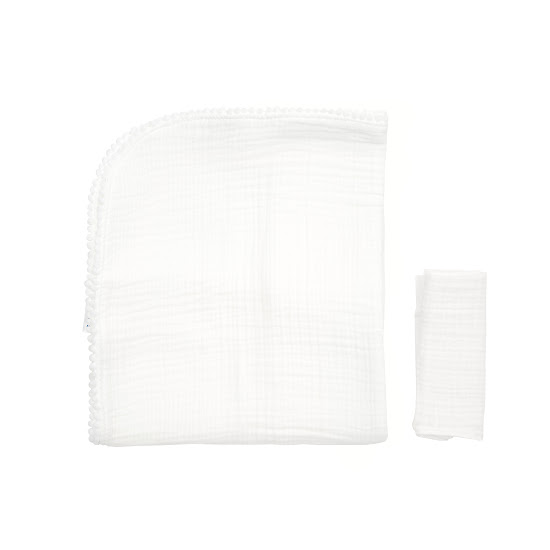 Плед Twins муслиновый 100х80 4-х слой с помпонами+салфетка белый