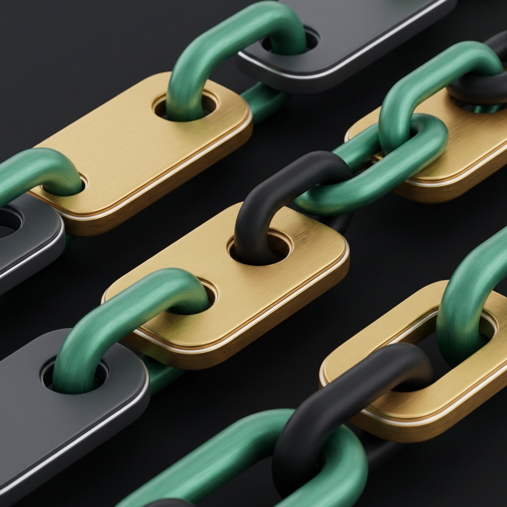 Minimalist close up of stylized blockchain ledger and layered chains in Finance Police colors showing connectivity which crypto will boom in 2025