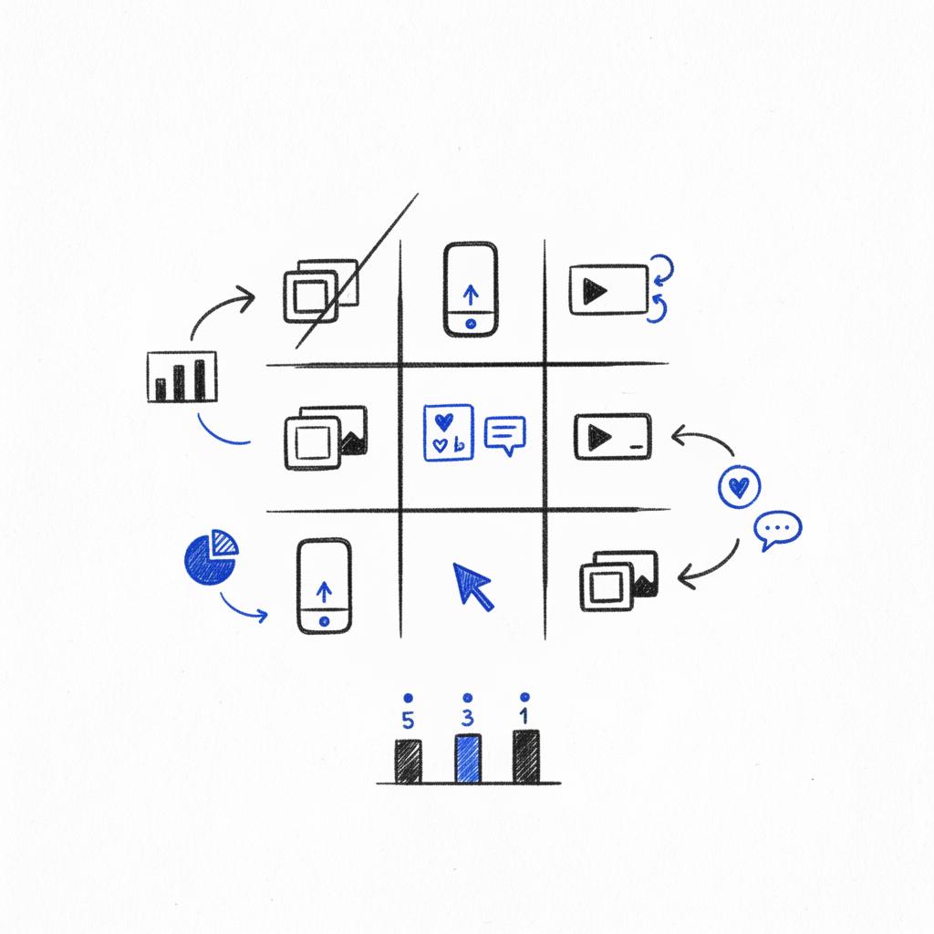 Notebook-style sketch of a nine-post Instagram grid with carousel, reel and story thumbnails, arrows and save/comment/click icons &mdash; 5-3-1 rule on Instagram