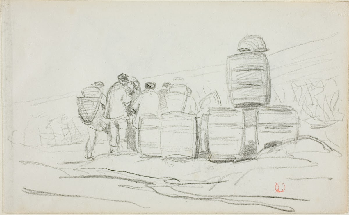 Study of a Group of People with Barrels c 1863