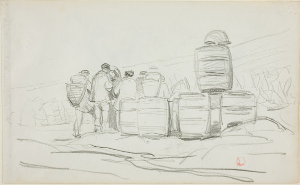 Study of a Group of People with Barrels c 1863