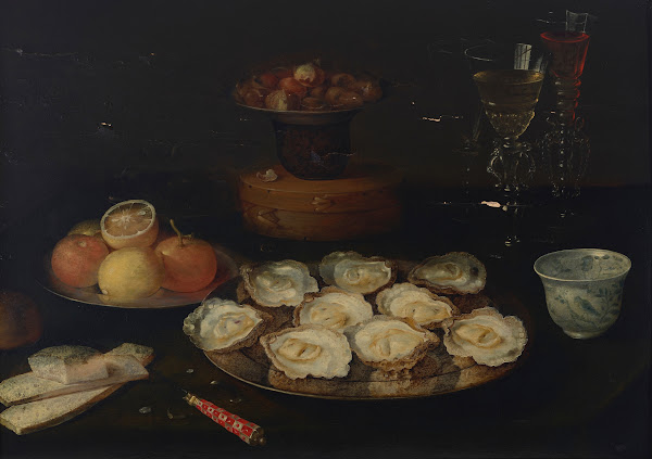 Oysters on a pewter dish a Wanli porcelain bowl three façon de Venise wine glass