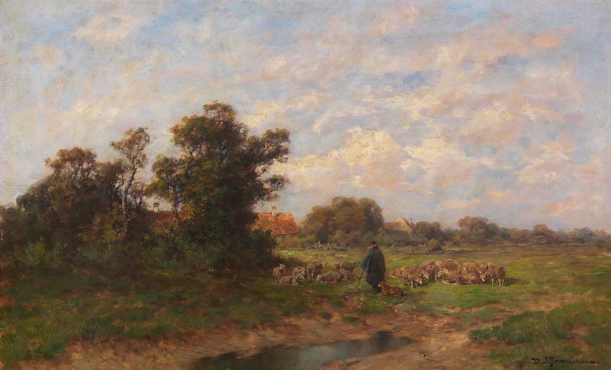 Schäfer mit seiner Herde am Dorfrand 1900