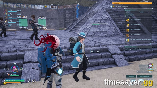 A Palworld Legendary Materials Merchant NPC flanked by armed guards
