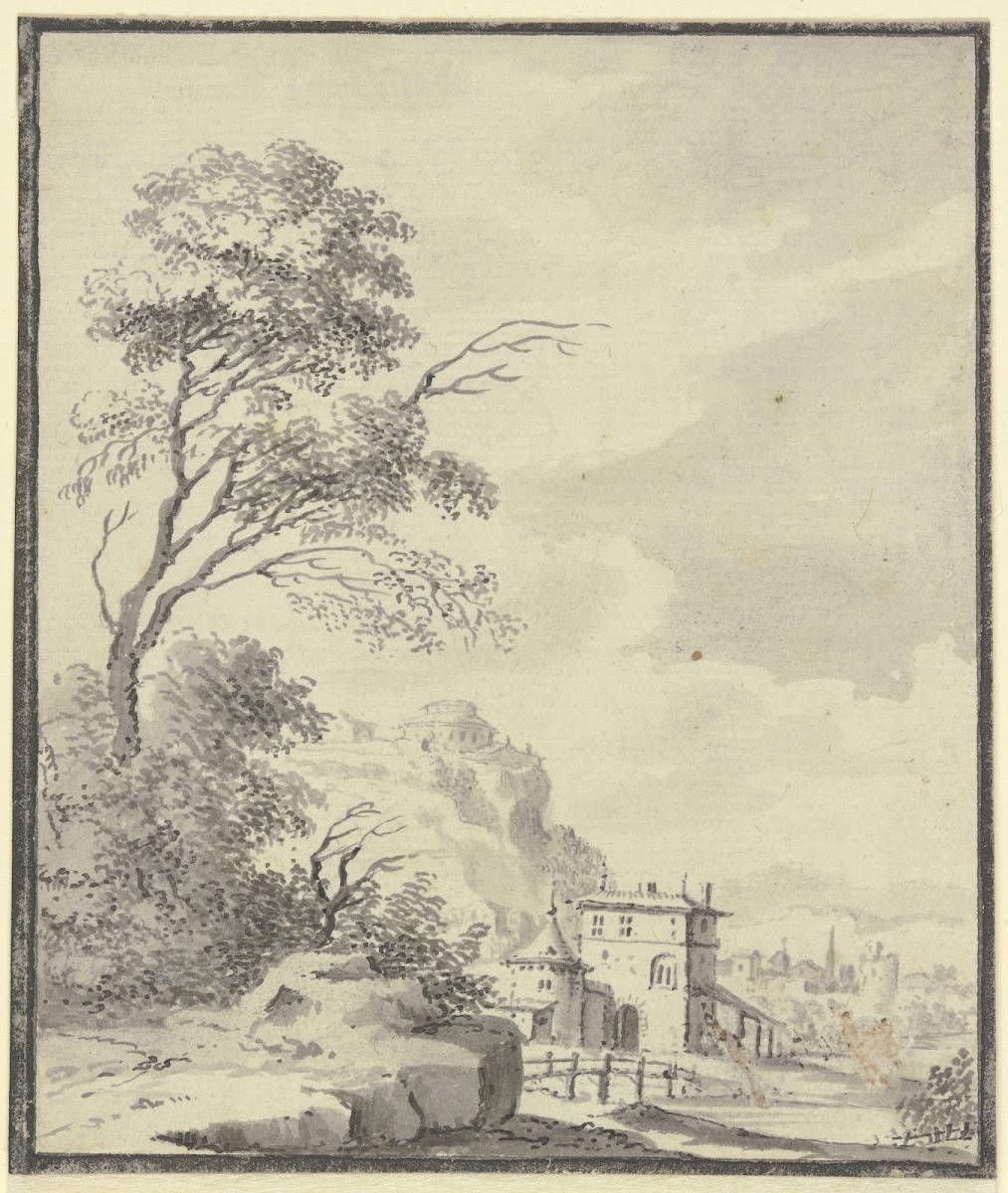 Landschaft mit einem Haus mit Turm 1744