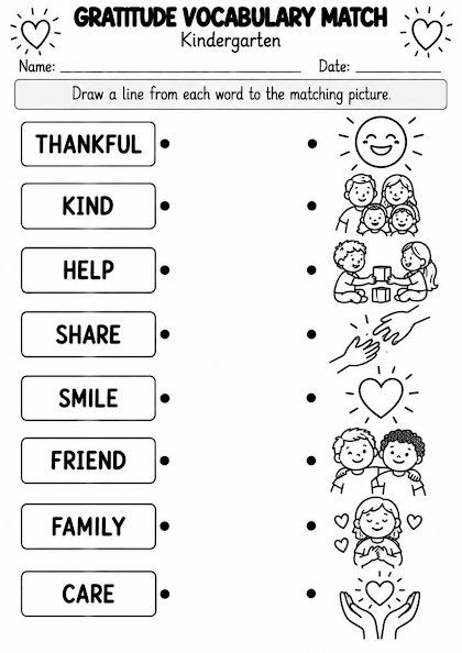 Gratitude Vocabulary Match Worksheet