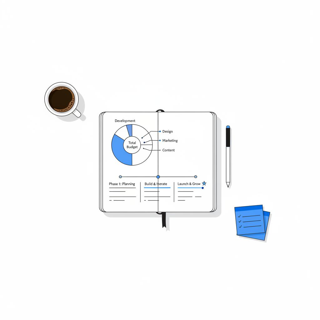 Vector flat-lay notebook with purchase-funnel flowcharts, checkout, contact and login sketches, coffee cup and sticky notes illustrating how much should i pay someone to build my website