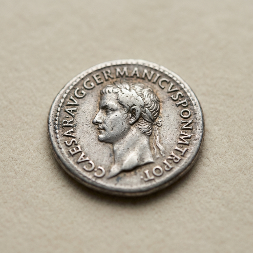 Macro photograph of a worn Roman denarius with portrait of Caligula and visible imperial titulature on a soft neutral background roman emperor caligula ring