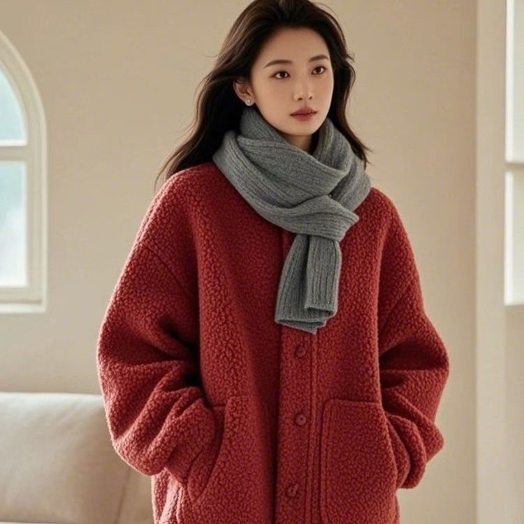 Lamb fleece coat for women, loose fit