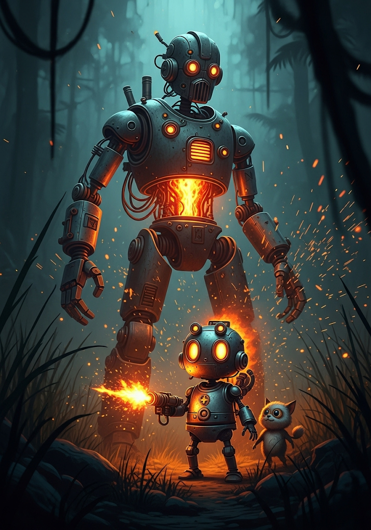 Steampunk Robot Duo: Fiery Jungle Adventure