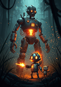 Steampunk Robot Duo: Fiery Jungle Adventure