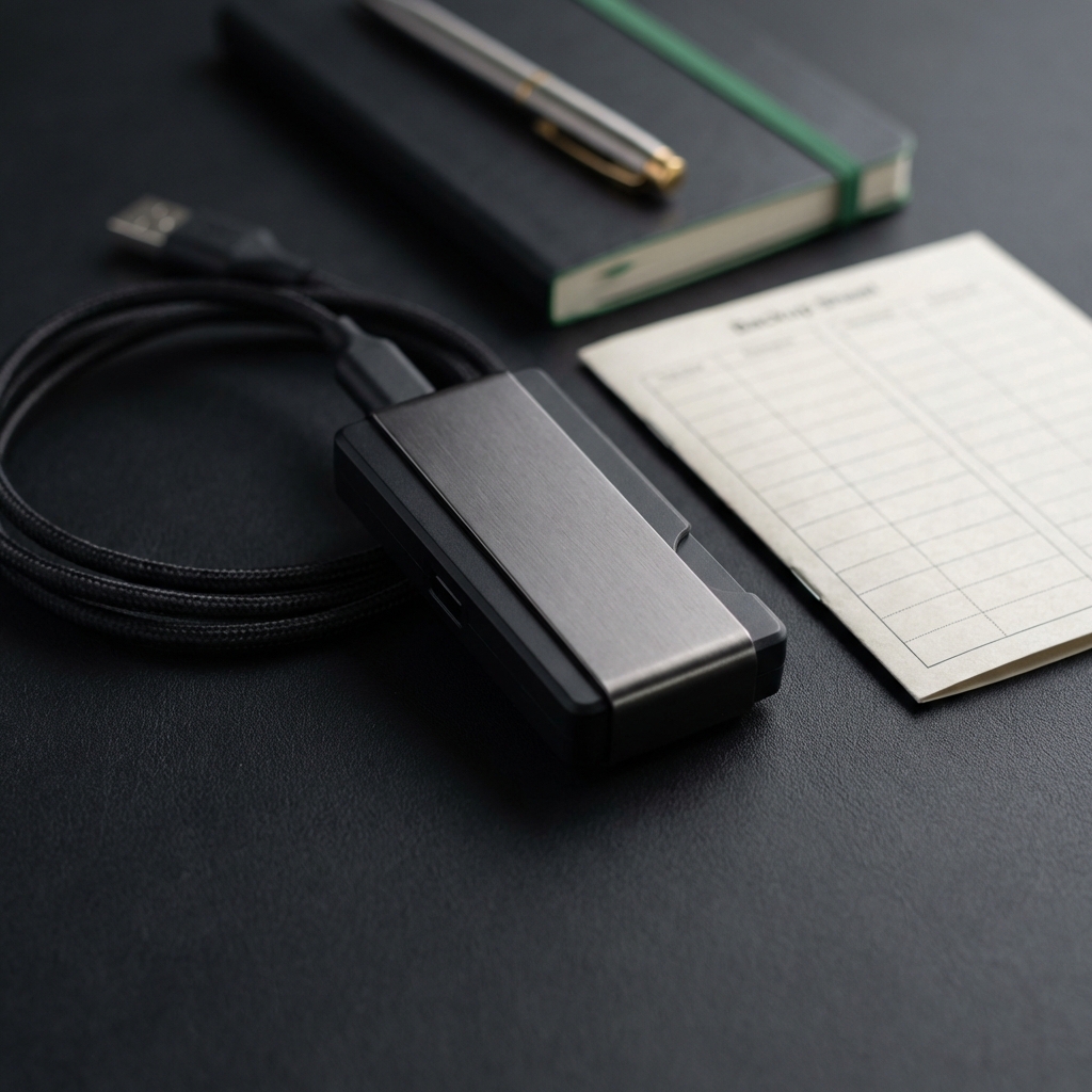 Close up photorealistic hardware wallet on dark matte surface with backup sheet cable and subtle green and gold accents crypto investing for beginners