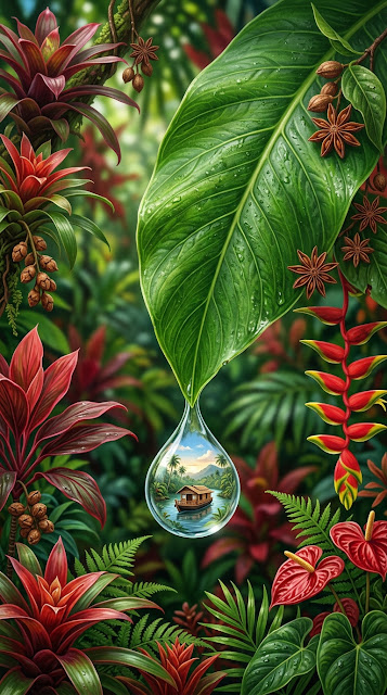 Miniature Houseboat Reflected in a Water Drop on a Large Leaf - Free mobile Wallpaper