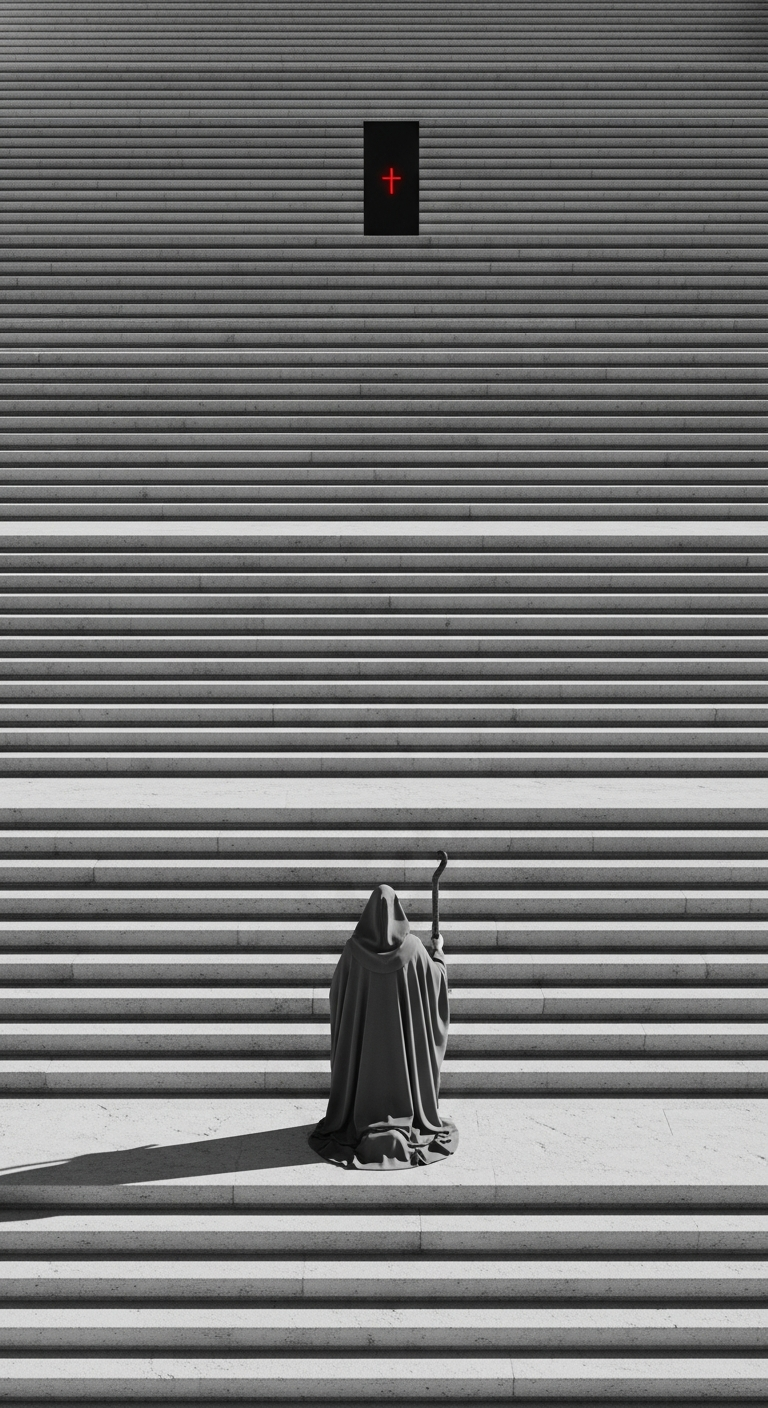 Monochromatic View of Cloaked Figure Kneeling on Endless Steps Toward Dark Gateway - Free 4K mobile Wallpaper