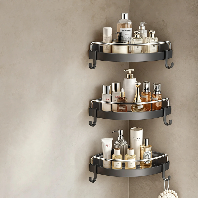 Triangular corner shelf for bathroom, plastic and aluminum
