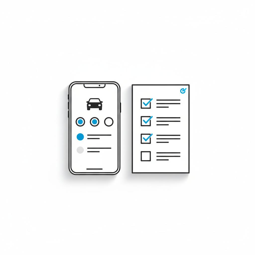 Minimalist overhead vector of a smartphone showing a vehicle history report with icons and a checklist on a white table illustrating best day of the week to buy a car