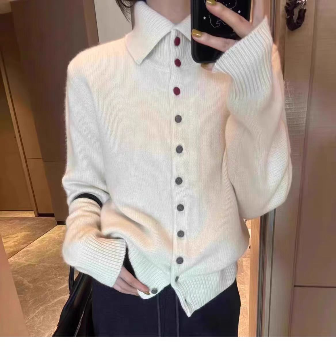 Women's Cashmere Cardigan, High Collar, Buttoned