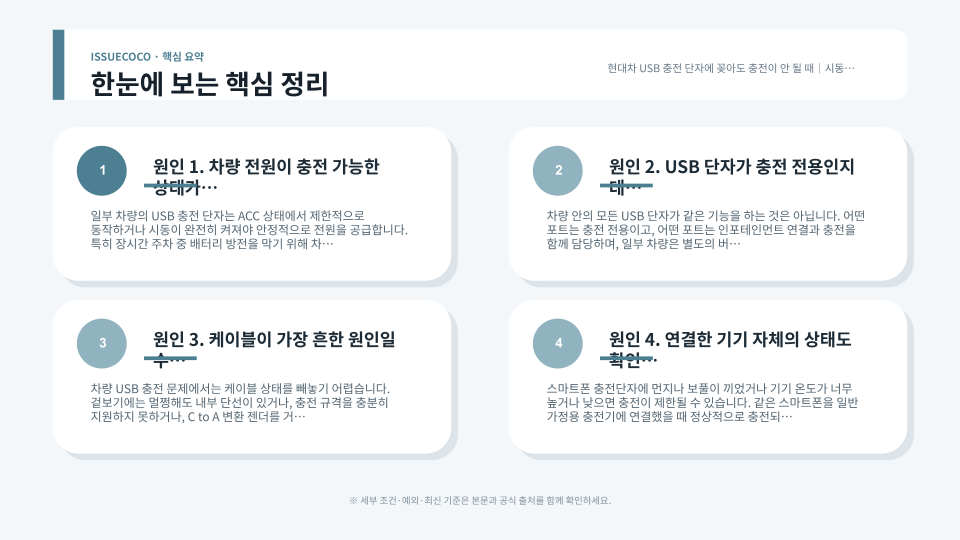 차량 USB 충전 단자와 케이블 상태, 표시등, 이물질 유입 여부를 순서대로 점검하는 장면