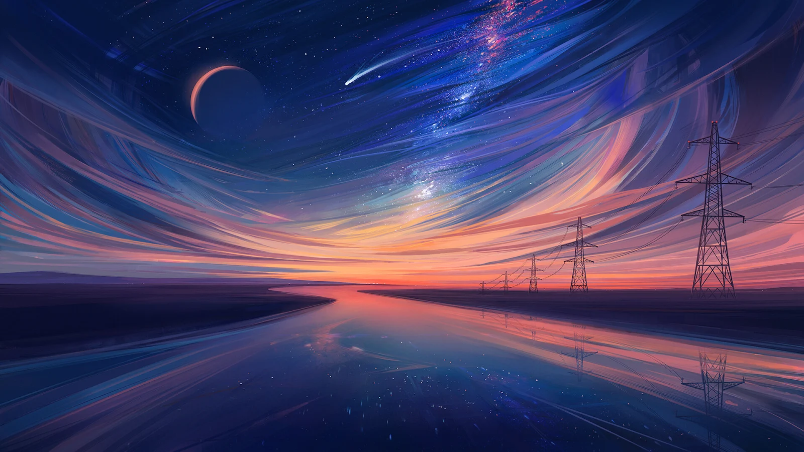 A Stunning Digital Art, Landscape, River, Sky, Power Lines Full HD Desktop and Mobile Wallpaper Background (1920x1080)