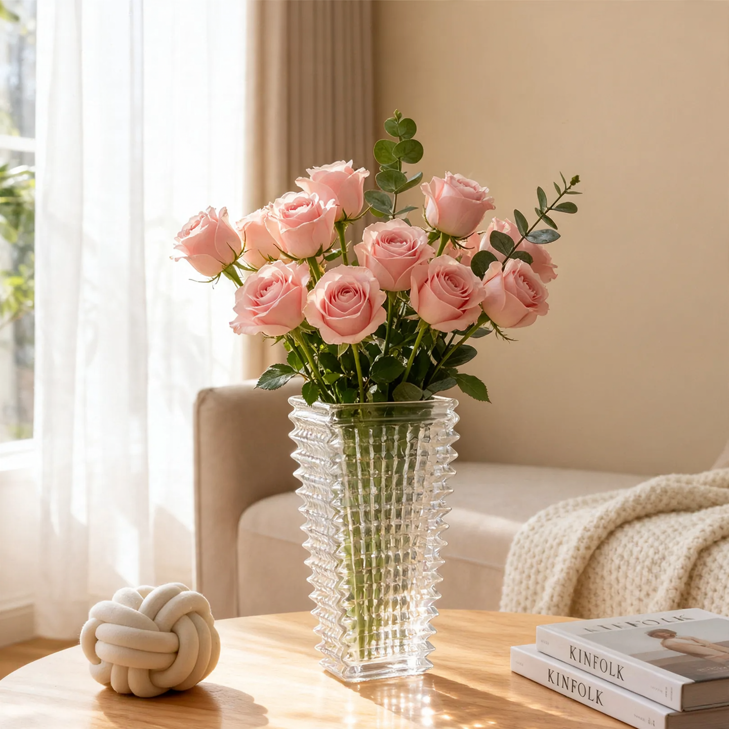 Transparent glass vase with wave pattern, rectangular