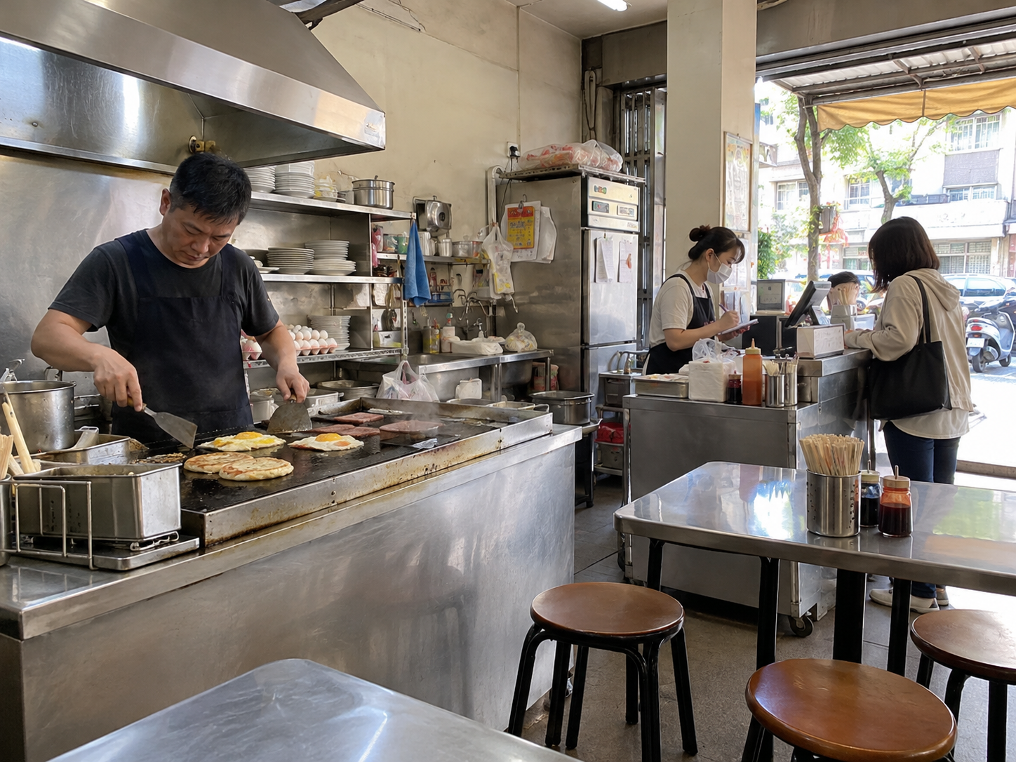 早餐店一人負責煎台、一人負責櫃檯點餐的分工情境