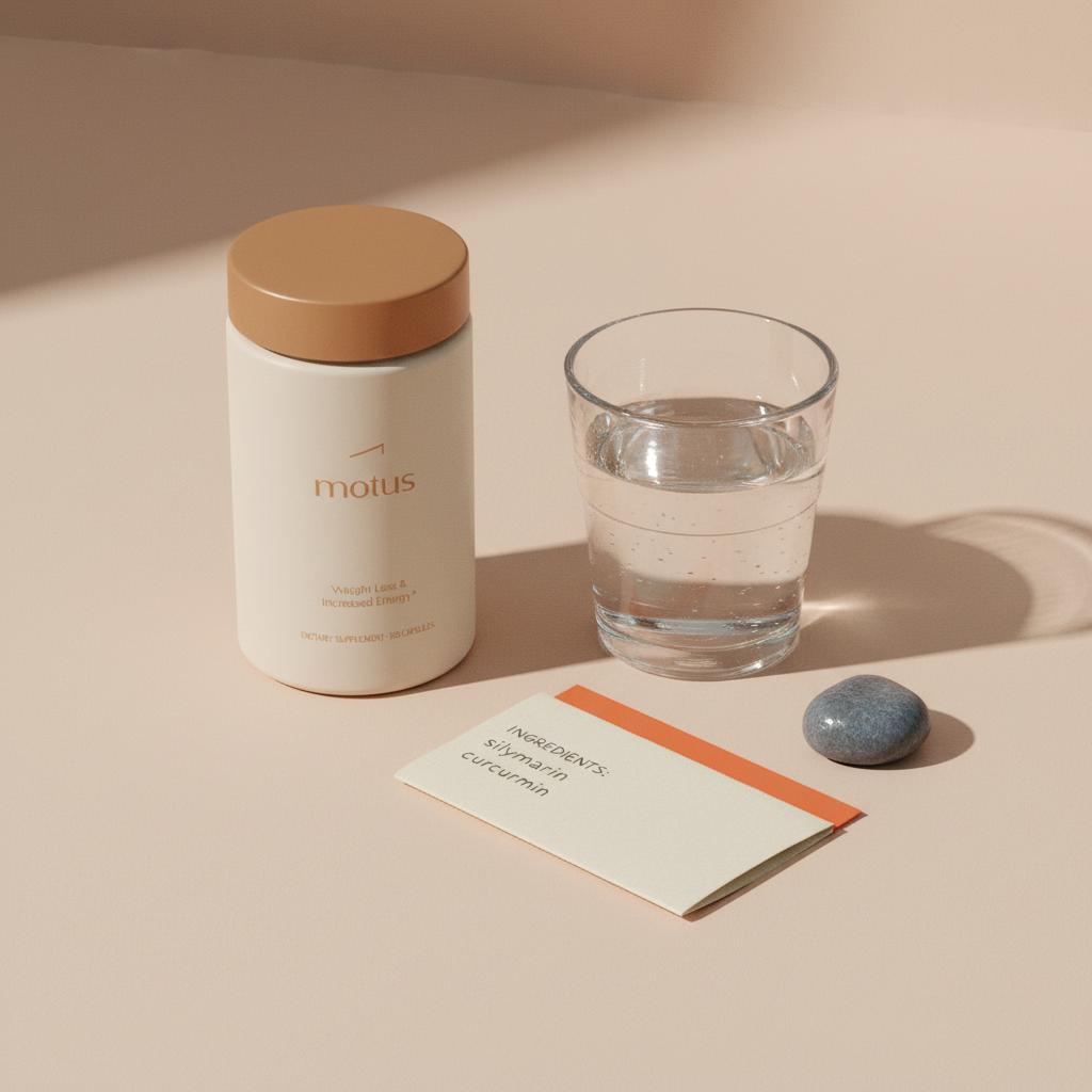 Minimalist product photo of a Tonum supplement jar beside folded paper listing silymarin and curcumin and a small glass of water on a beige background, liver supplements