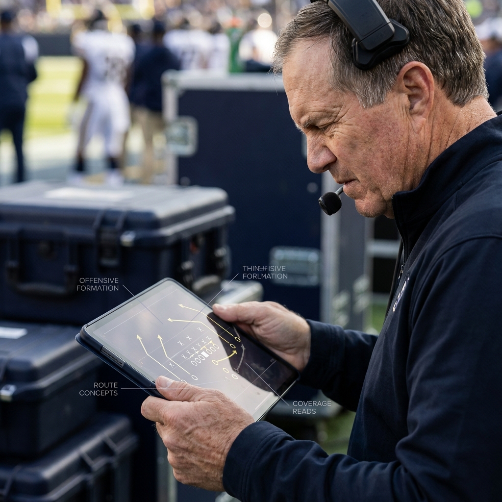 Close up of a football coach with headset reviewing a tablet with annotated play chart elements in minimalist Funded Plays color palette chargers chiefs prediction