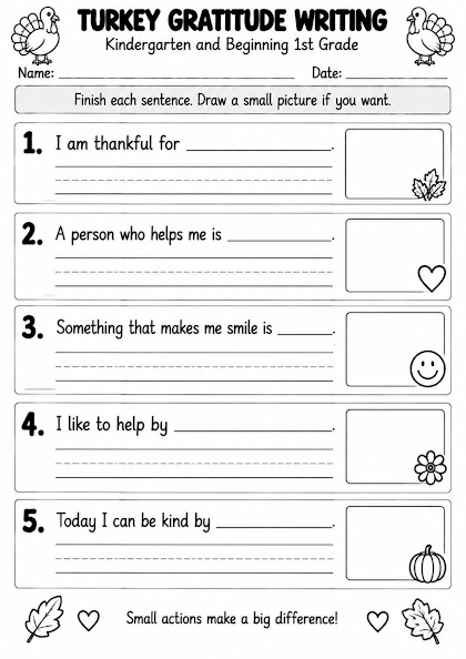 Turkey Gratitude Writing Worksheet