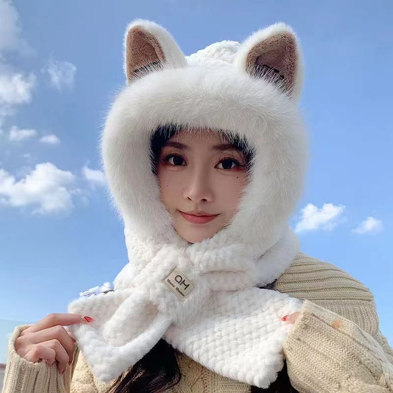 Plush hat with rabbit ears and scarf, women, winter