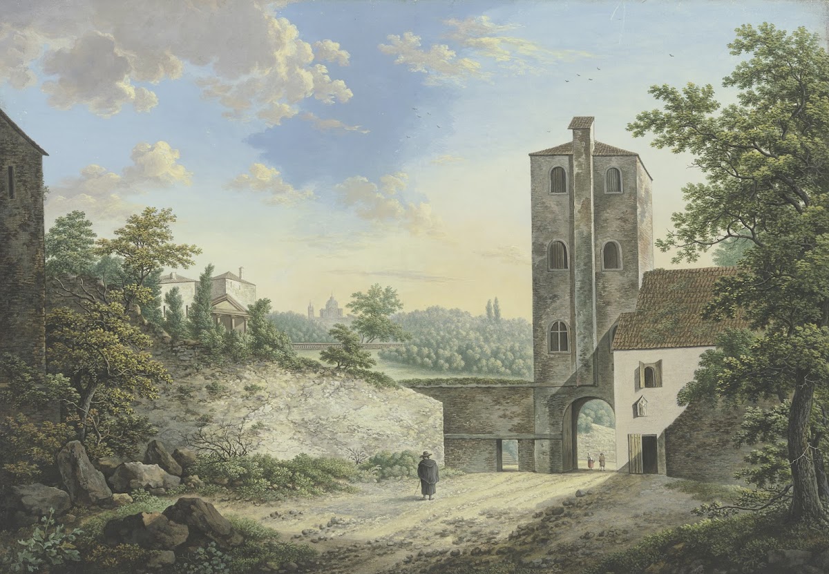 Italienische Phantasielandschaft mit einem Turm und Torausgang links auf der Höh