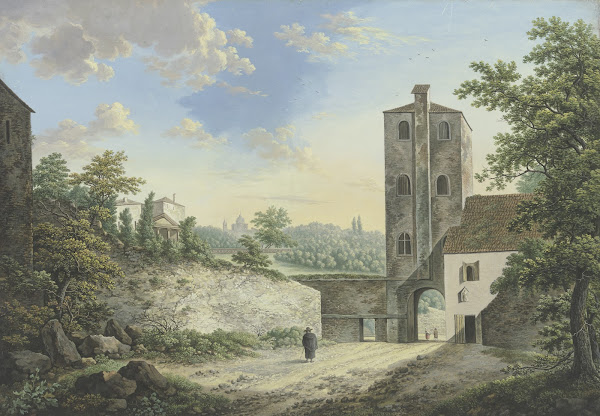Italienische Phantasielandschaft mit einem Turm und Torausgang links auf der Höh