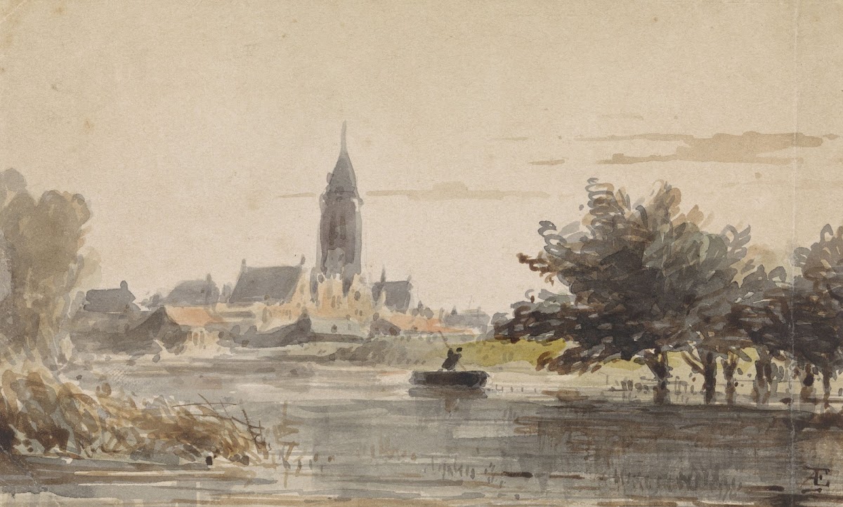 Gezicht op een stadje gezien van over een rivier 1828   1897