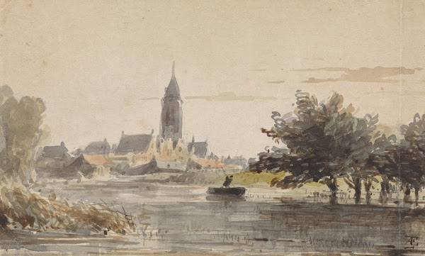 Gezicht op een stadje gezien van over een rivier 1828   1897