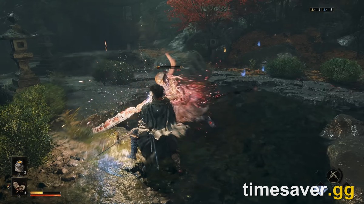 Miyamoto Musashi attacking a boss with the boss health bar visible on the HUD in Onimusha: Way of the Sword