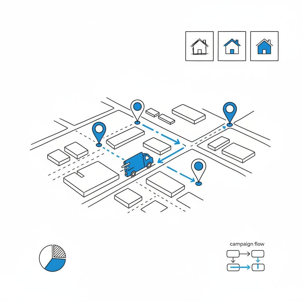 Minimal 2D vector sketch of a local map with pinned houses, a moving van and route arrows plus a small before/after thumbnail gallery illustrating how to advertise a painting business.