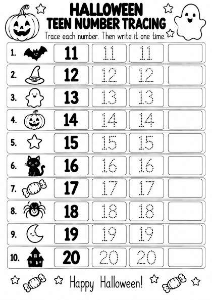 Halloween Teen Number Tracing