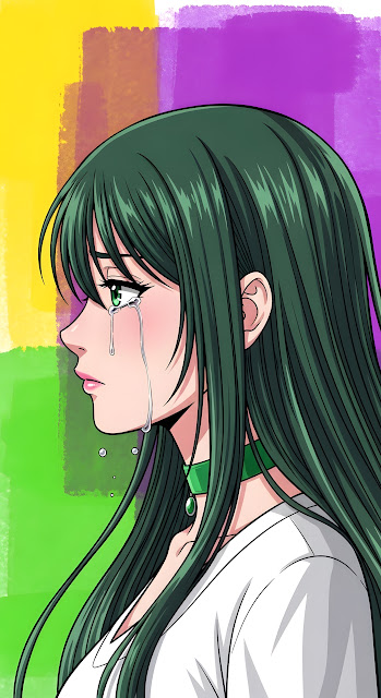 Anime Girl Crying Profile with Green Hair and Abstract Background - Free mobile Wallpaper