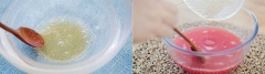 Sau đó, đặt lá gelatine lên nồi nước nóng và khuấy cho tan. Đổ gelatine và nước ép dưa hấu, trộn đều. Cuối cùng, chế nước thạch dưa hấu vào 2/3 hũ và đặt vào tủ lạnh cho đông lại. Khi thạch rau câu đã đông thì chế sữa chua lên trên, thêm trái việt quất tươi để trang trí là xong rồi đó.