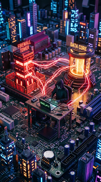Miniature Hacker Figure Working on a Motherboard City with Red Data Streams - Free mobile Wallpaper